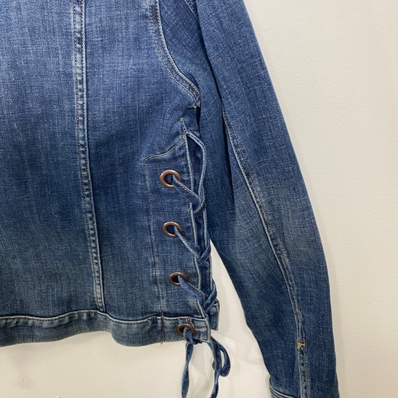 Women's Blue Laced-side Denim Trucker Jacket - Picture 6 of 6